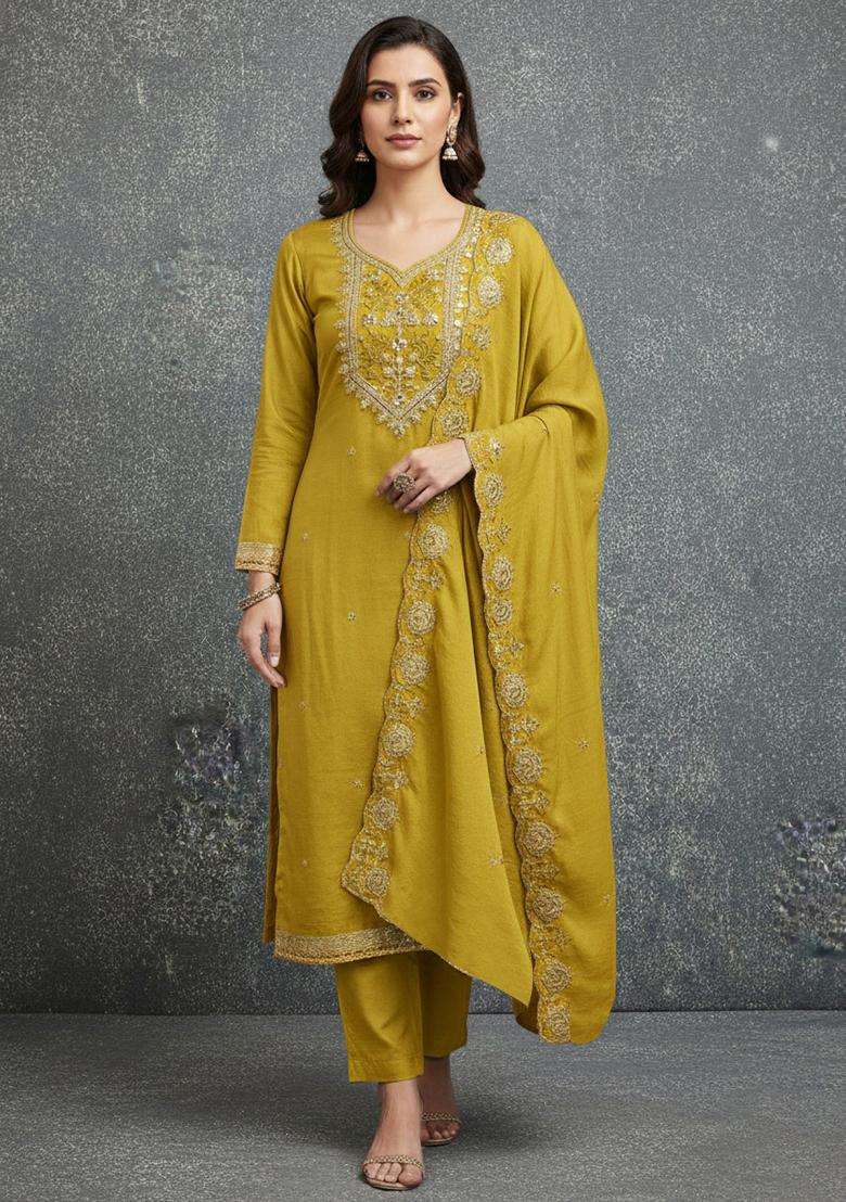 Mustard Embroidery Vichitra Salwar Kameez - Indya