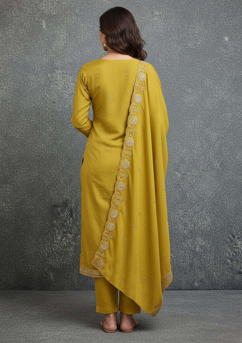 Mustard Embroidery Vichitra Salwar Kameez - Indya