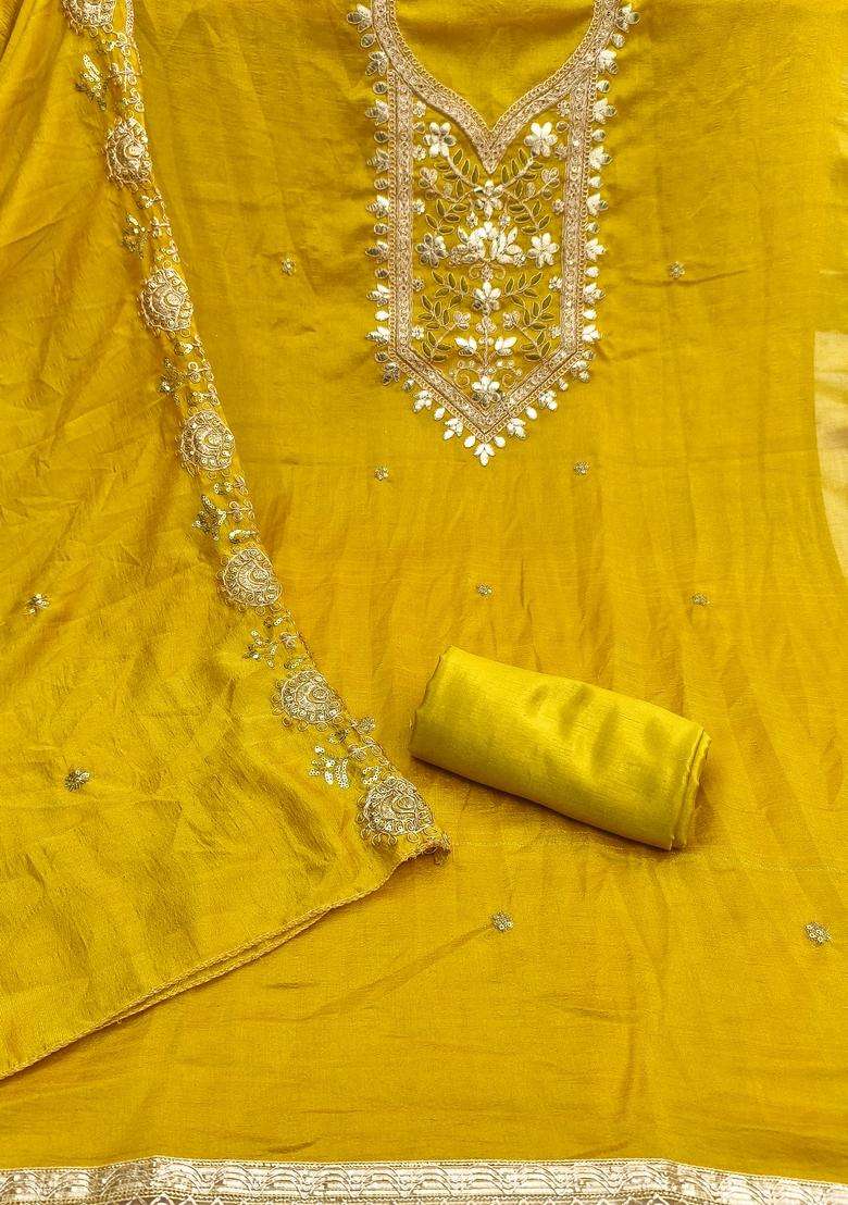 Mustard Embroidery Vichitra Salwar Kameez - Indya