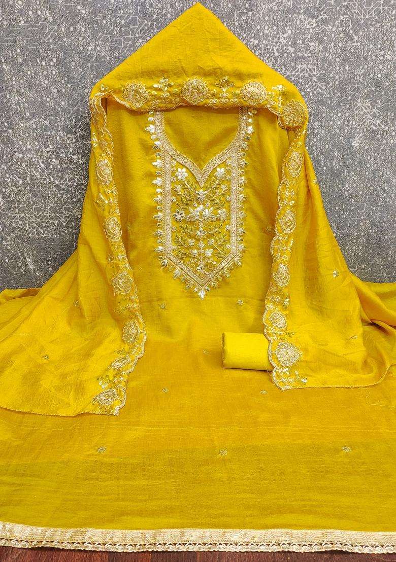 Mustard Embroidery Vichitra Salwar Kameez - Indya