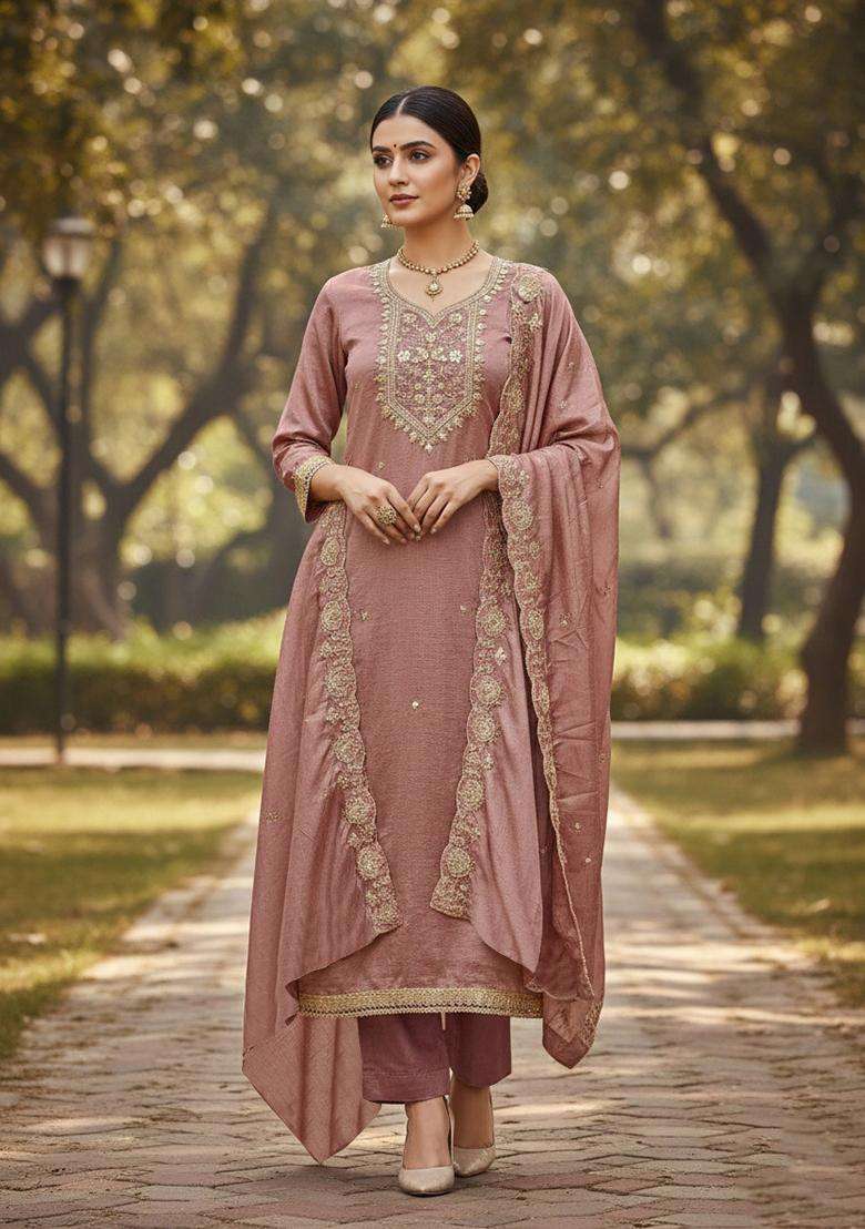 Purple Embroidery Vichitra Salwar Kameez - Indya
