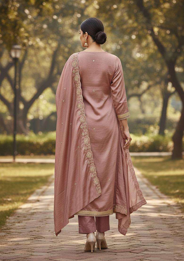 Purple Embroidery Vichitra Salwar Kameez - Indya