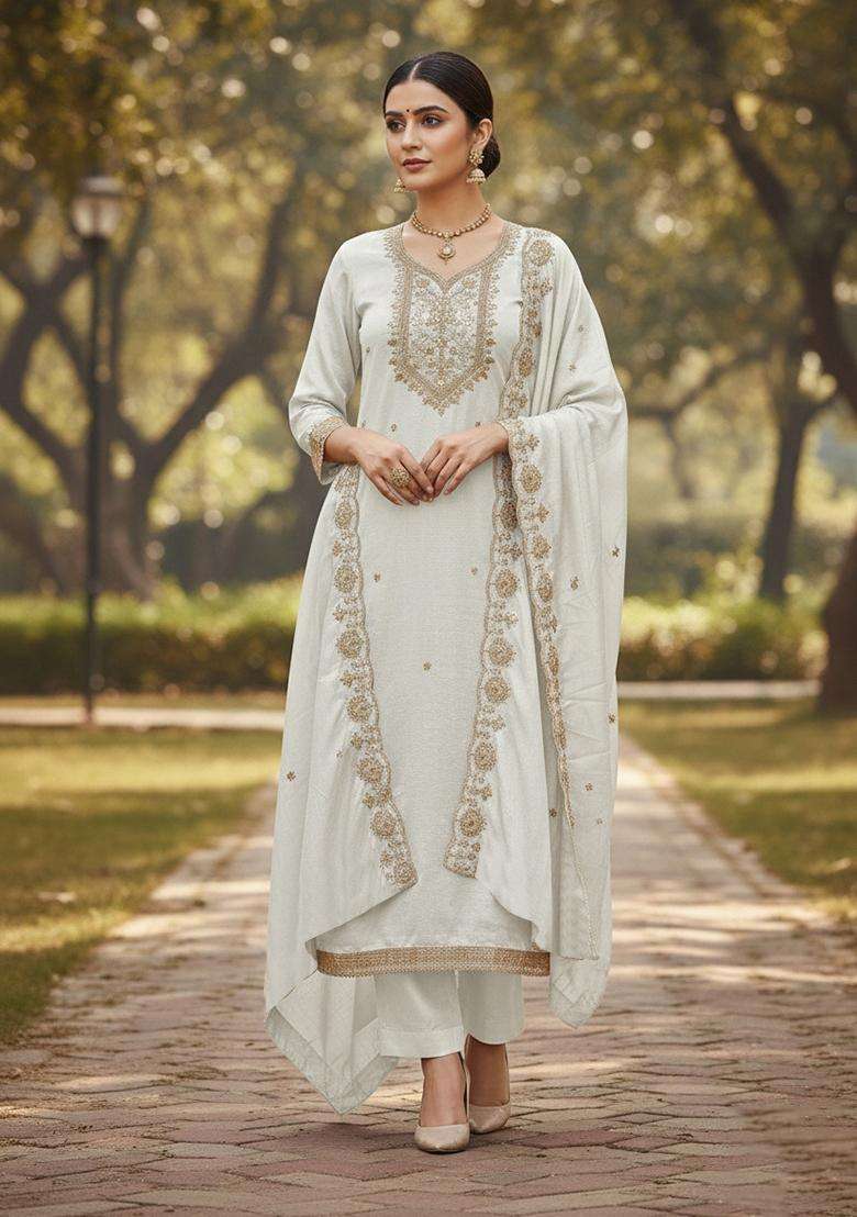 White Embroidery Vichitra Salwar Kameez - Indya