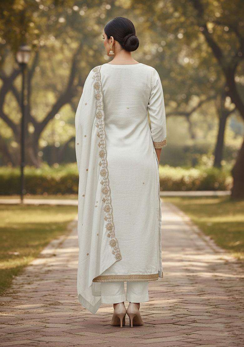 White Embroidery Vichitra Salwar Kameez - Indya