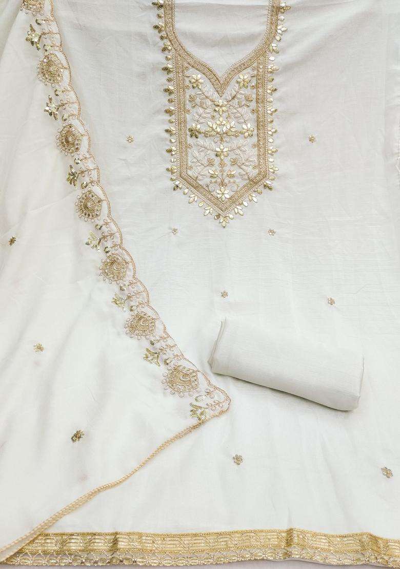 White Embroidery Vichitra Salwar Kameez - Indya