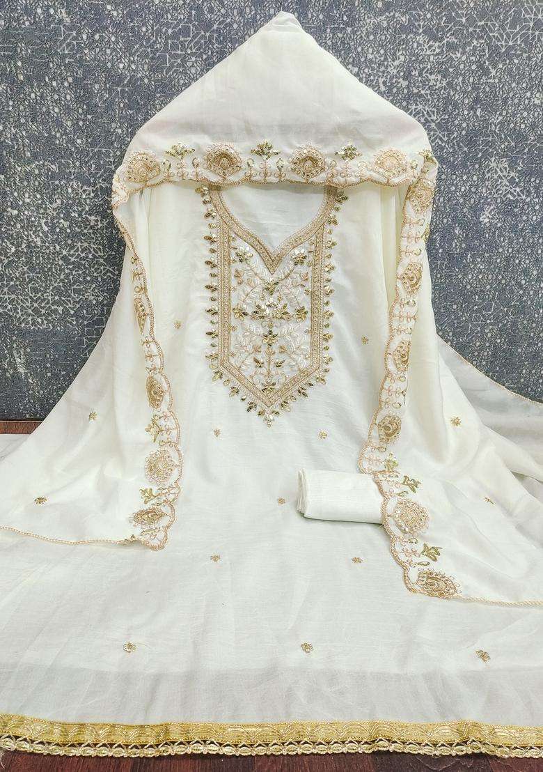 White Embroidery Vichitra Salwar Kameez - Indya