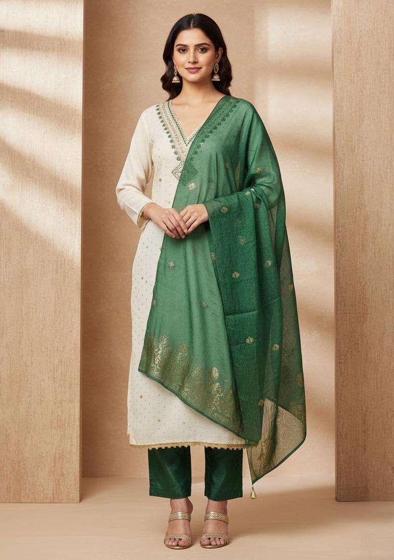 White Embroidery Cotton Salwar Kameez - Indya