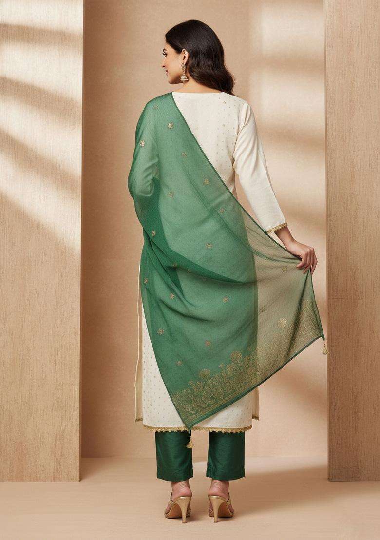 White Embroidery Cotton Salwar Kameez - Indya