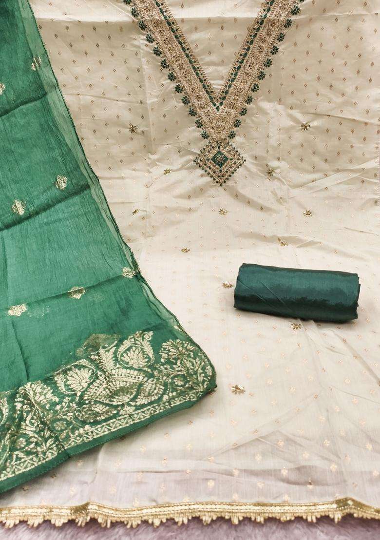 White Embroidery Cotton Salwar Kameez - Indya