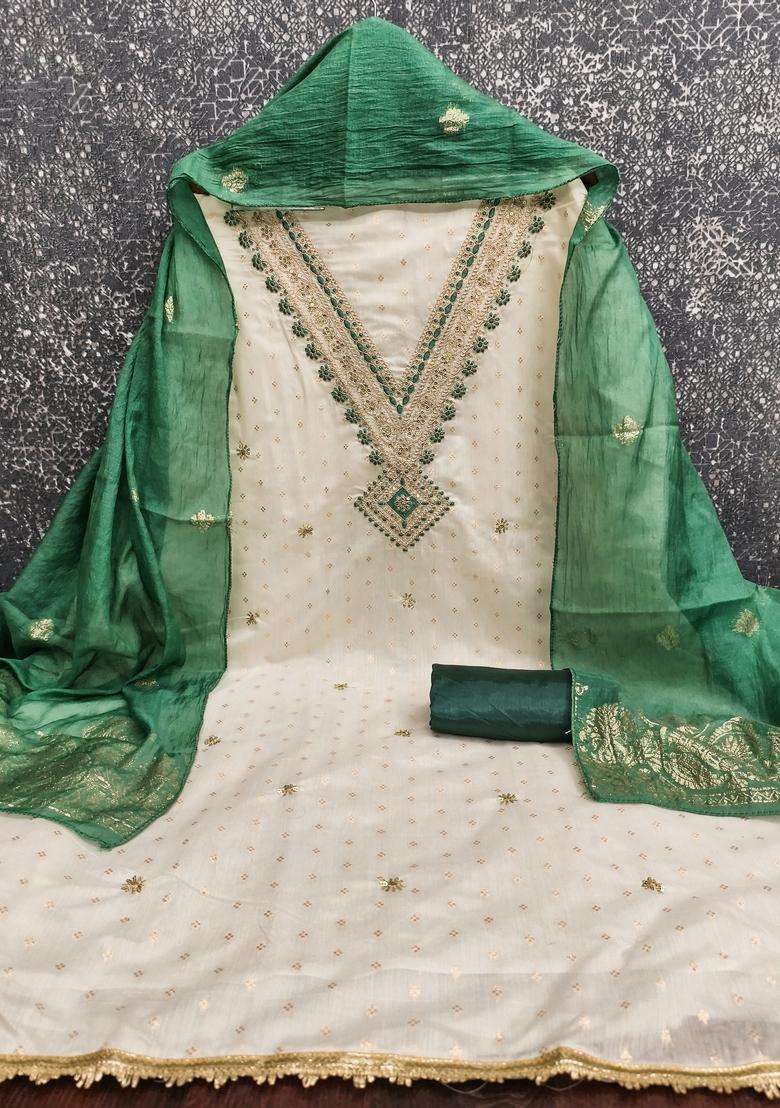White Embroidery Cotton Salwar Kameez - Indya