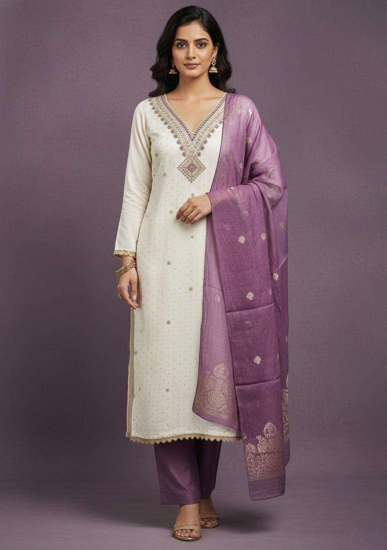 White Embroidery Cotton Salwar Kameez - Indya