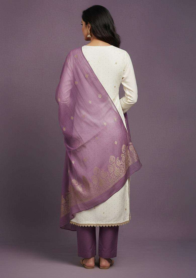 White Embroidery Cotton Salwar Kameez - Indya