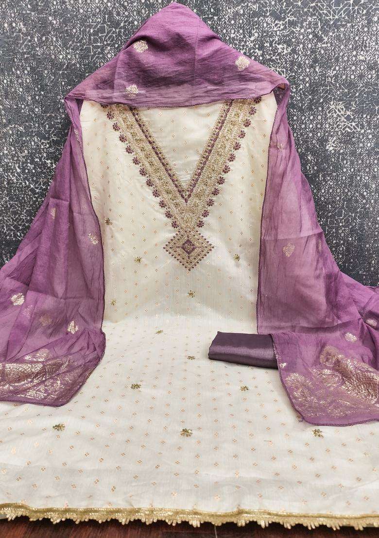 White Embroidery Cotton Salwar Kameez - Indya