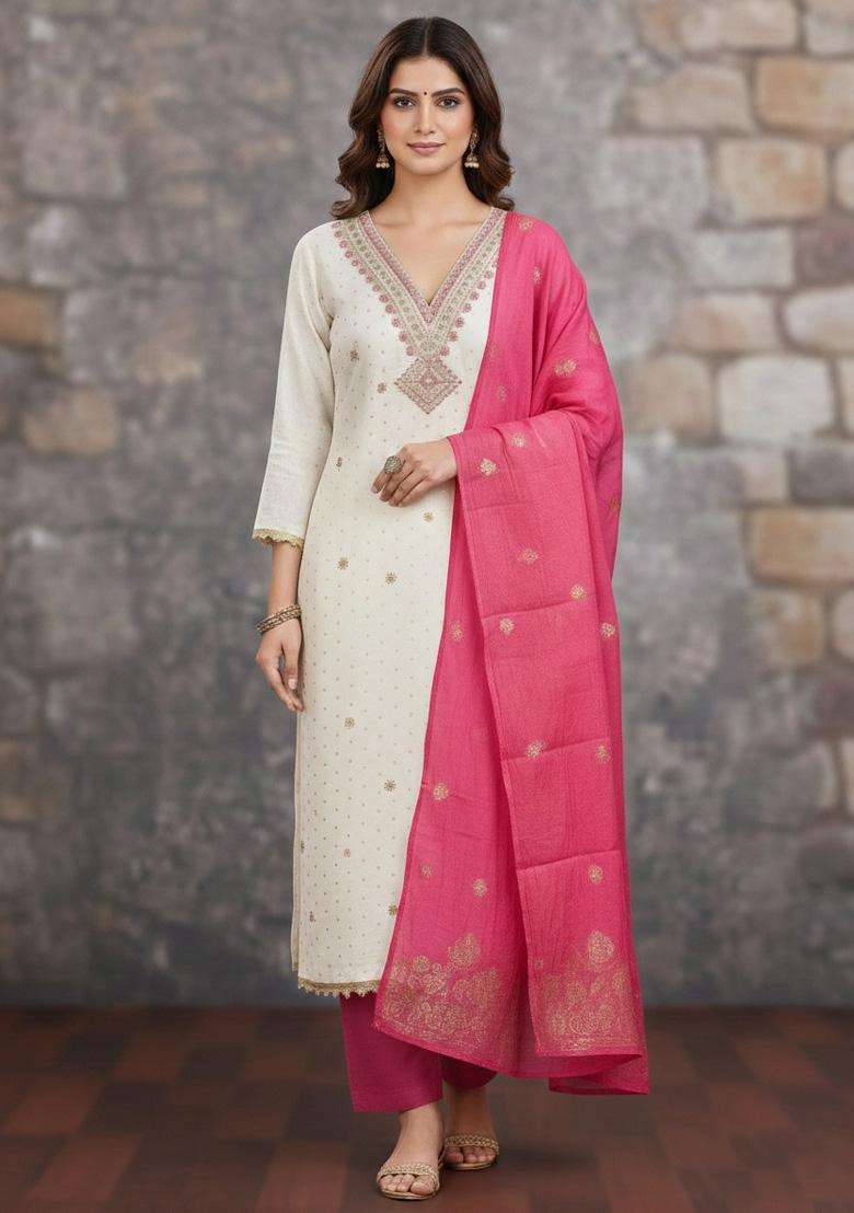 White Embroidery Cotton Salwar Kameez - Indya