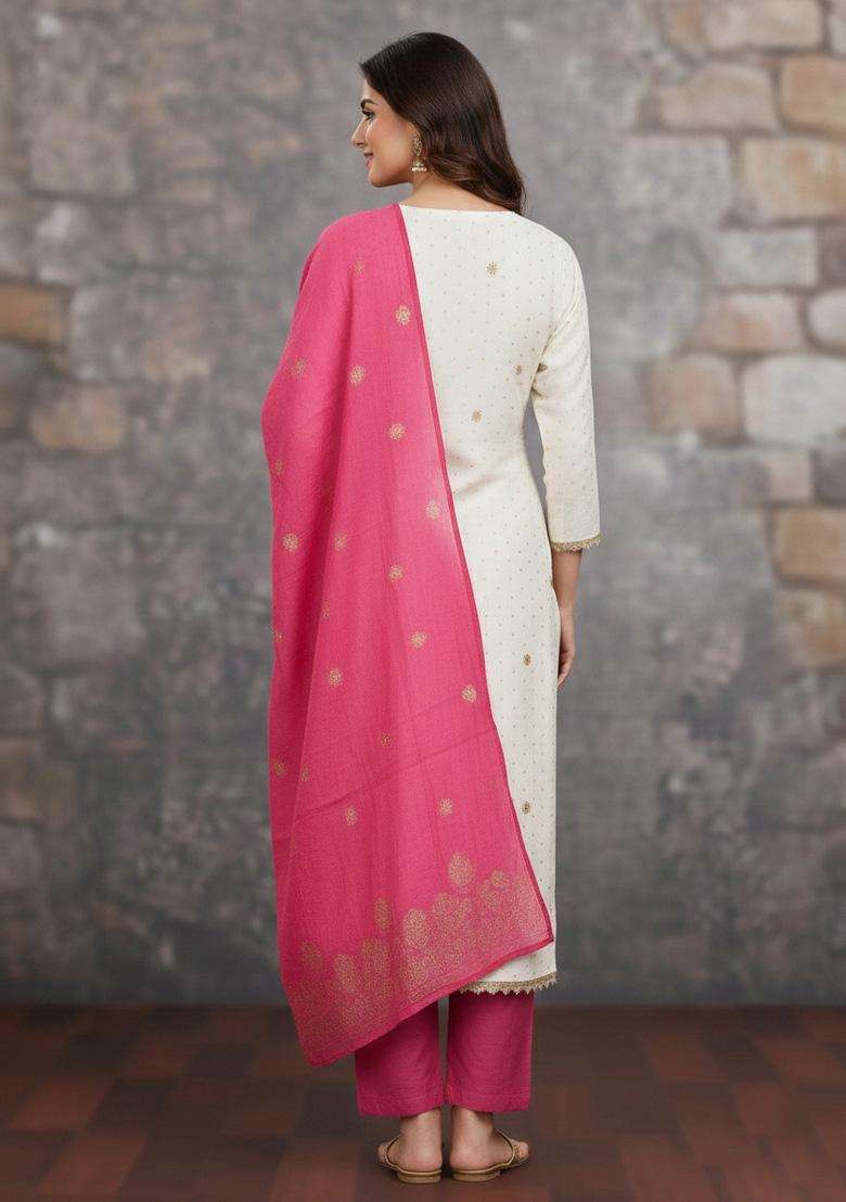 White Embroidery Cotton Salwar Kameez - Indya