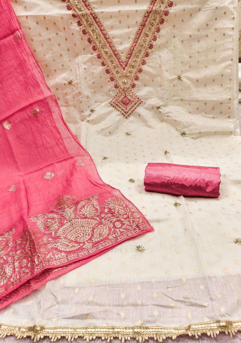 White Embroidery Cotton Salwar Kameez - Indya