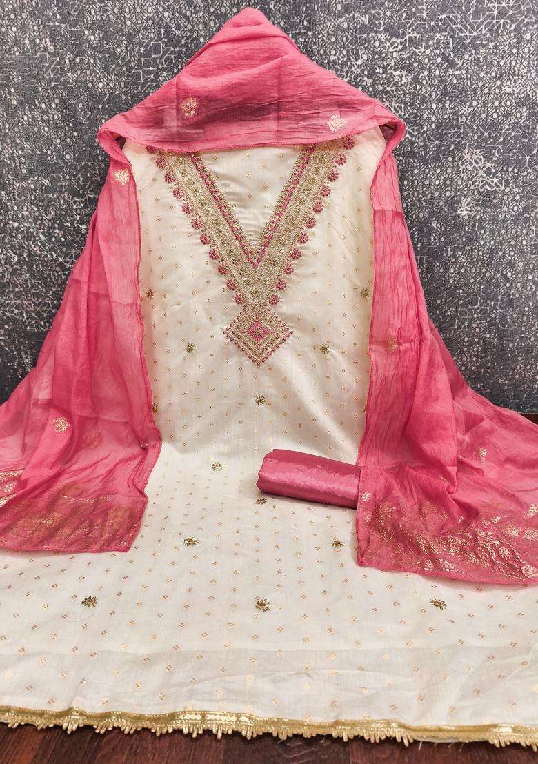 White Embroidery Cotton Salwar Kameez - Indya