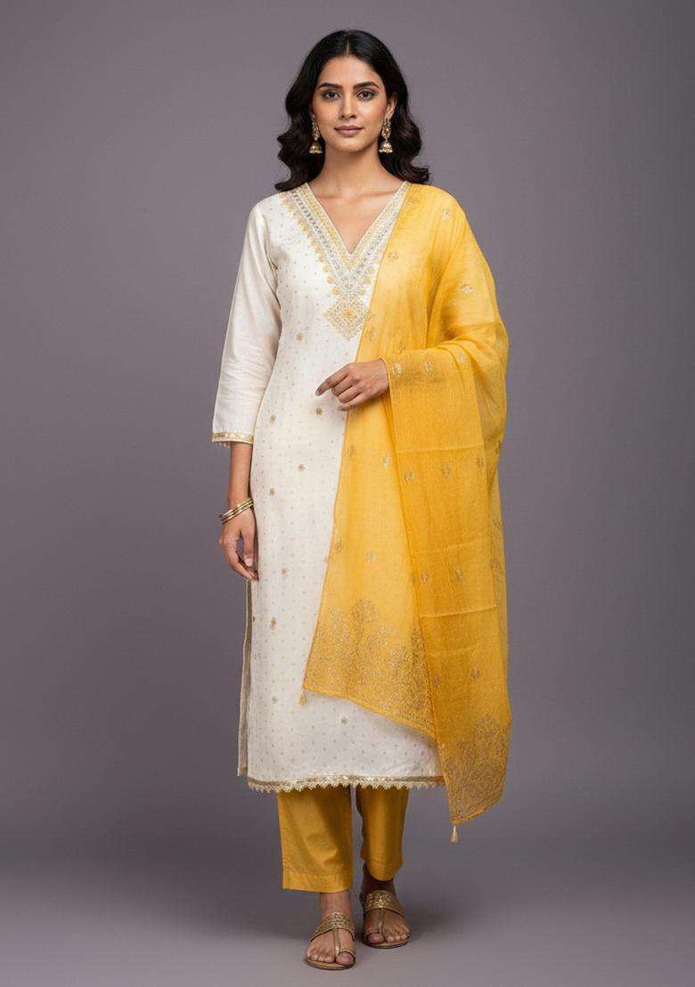 White Embroidery Cotton Salwar Kameez - Indya