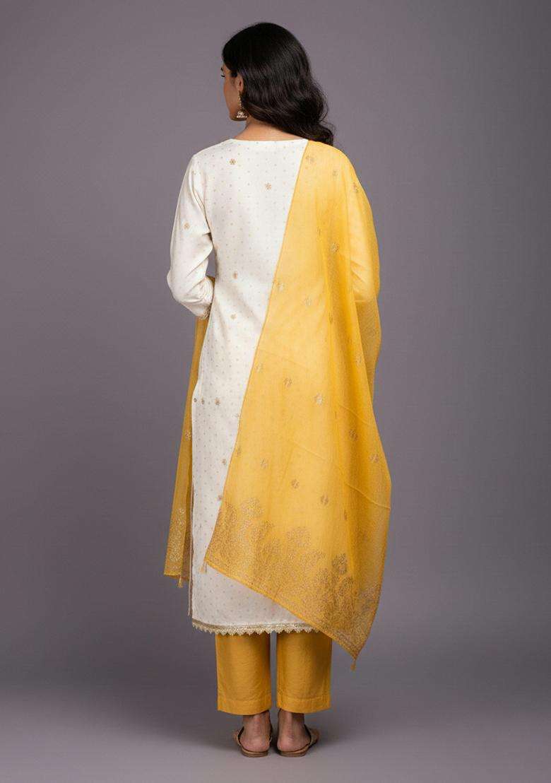 White Embroidery Cotton Salwar Kameez - Indya