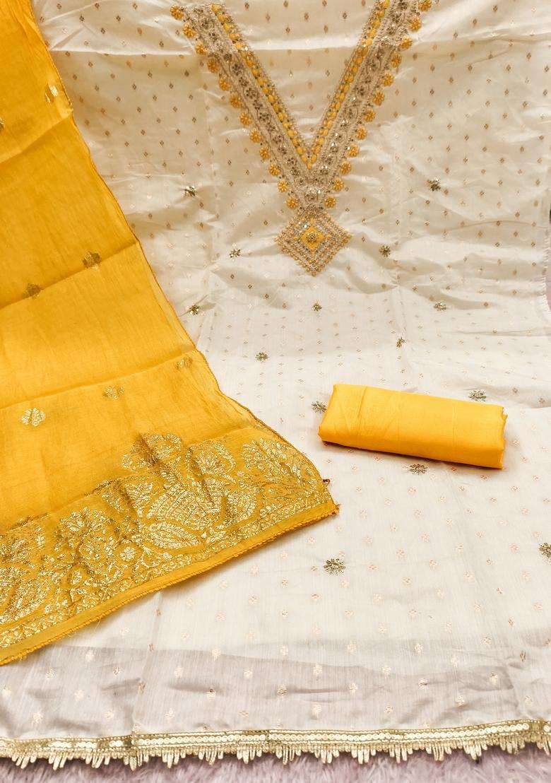 White Embroidery Cotton Salwar Kameez - Indya