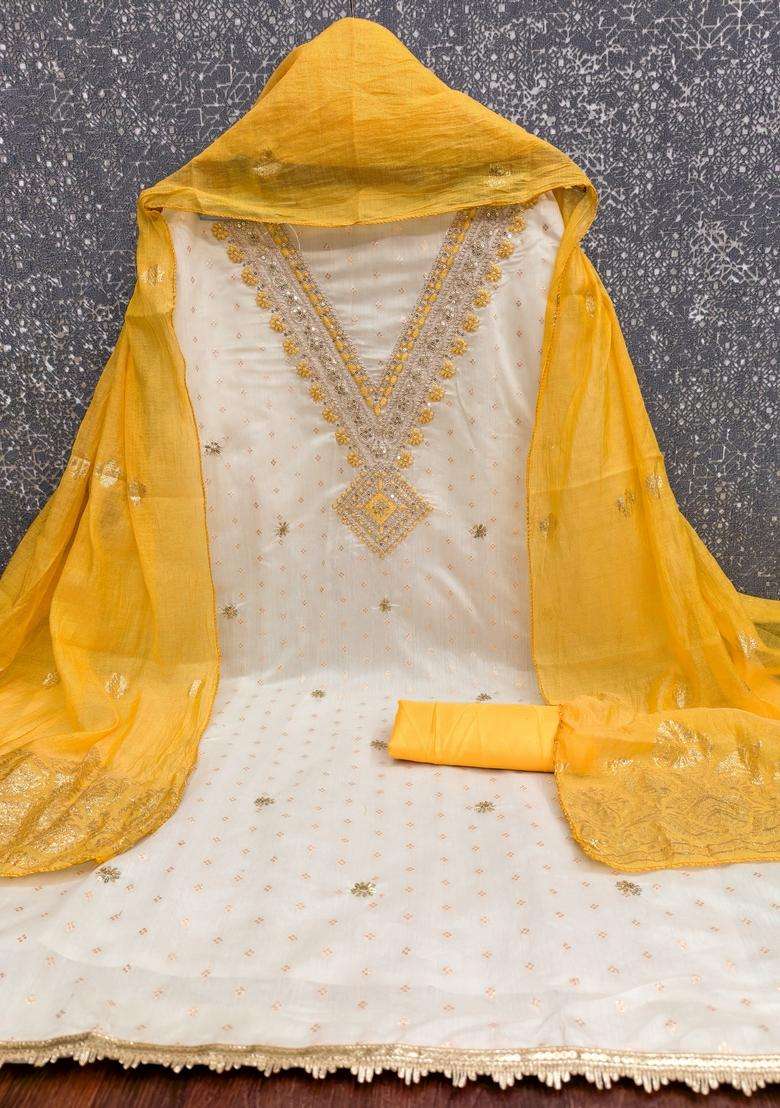 White Embroidery Cotton Salwar Kameez - Indya