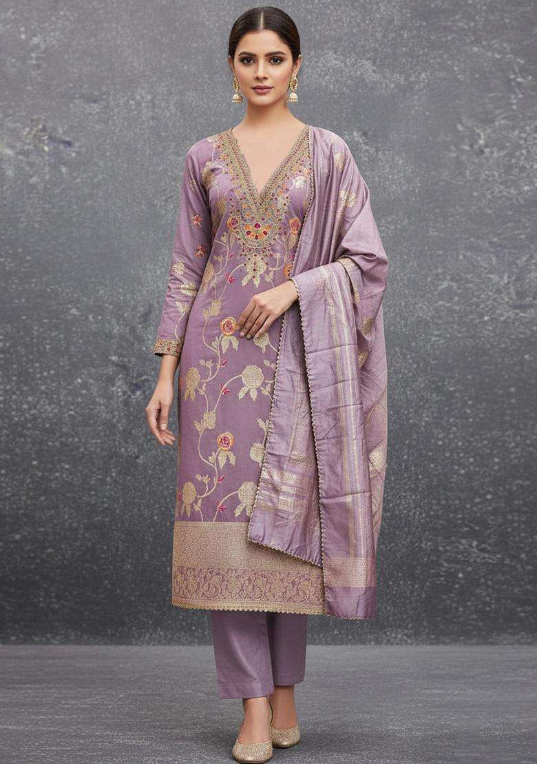 Lavender Embroidery Jacquard Salwar Kameez - Indya