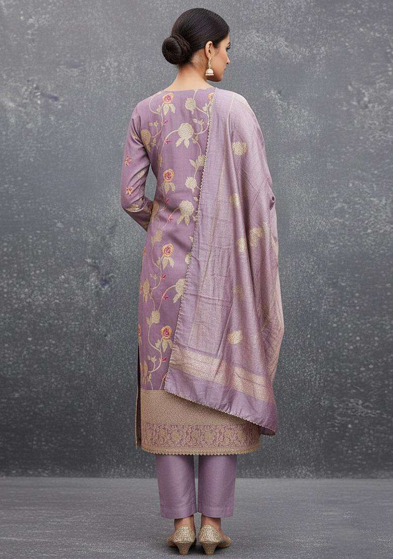 Lavender Embroidery Jacquard Salwar Kameez - Indya