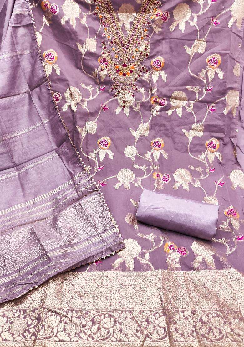 Lavender Embroidery Jacquard Salwar Kameez - Indya
