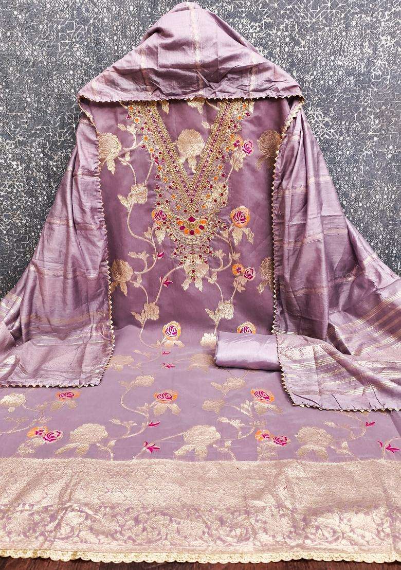 Lavender Embroidery Jacquard Salwar Kameez - Indya