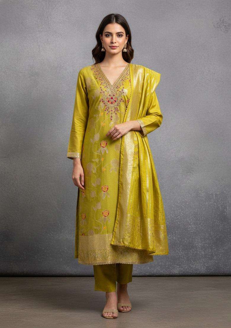 Light Green Embroidery Jacquard Salwar Kameez - Indya