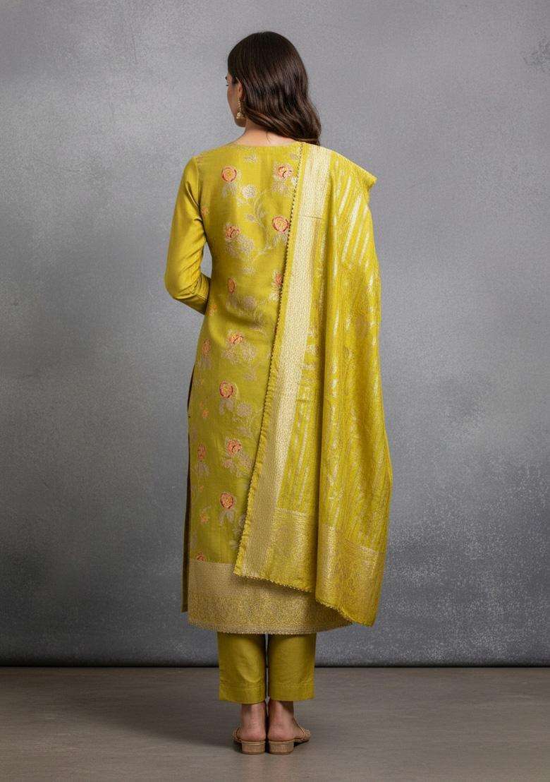 Light Green Embroidery Jacquard Salwar Kameez - Indya