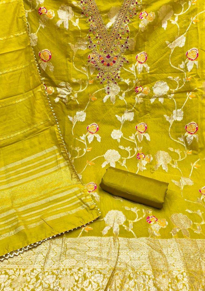 Light Green Embroidery Jacquard Salwar Kameez - Indya
