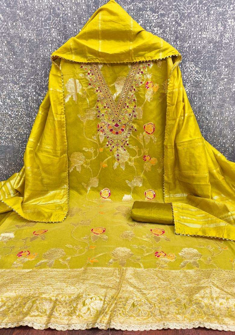 Light Green Embroidery Jacquard Salwar Kameez - Indya