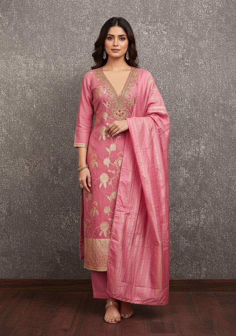 Pink Embroidery Jacquard Salwar Kameez - Indya