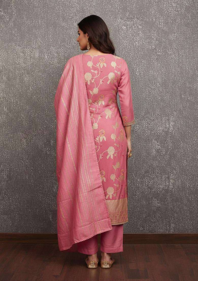 Pink Embroidery Jacquard Salwar Kameez - Indya