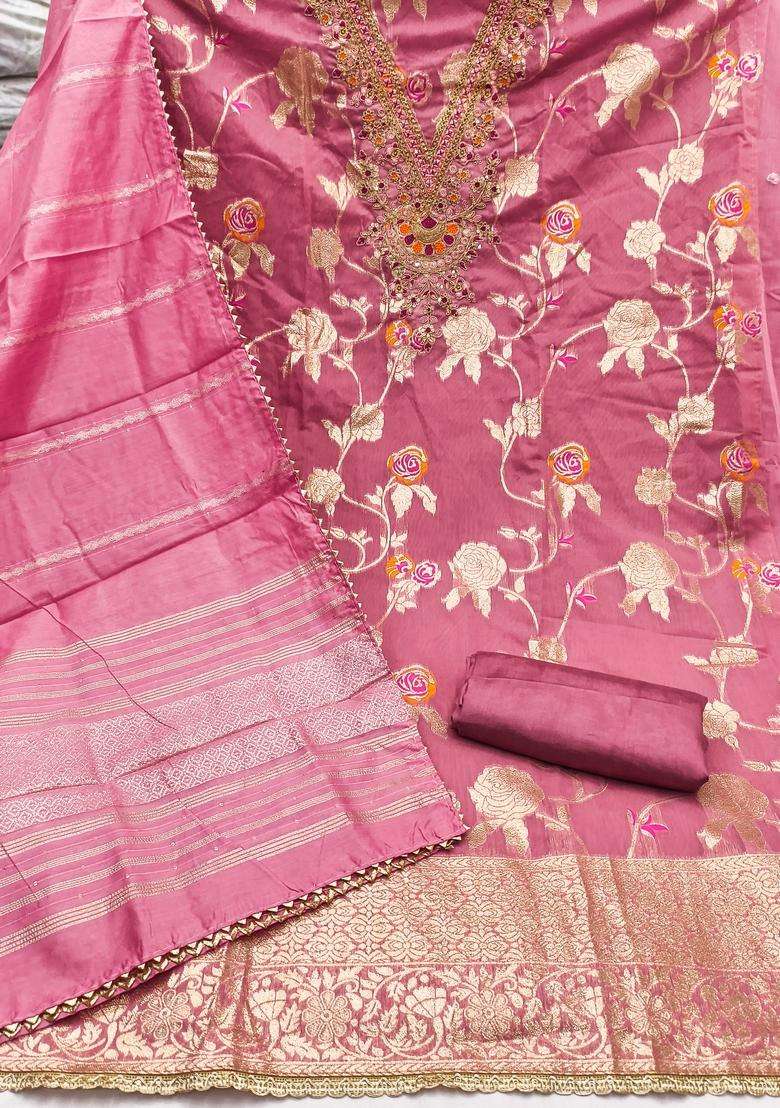Pink Embroidery Jacquard Salwar Kameez - Indya