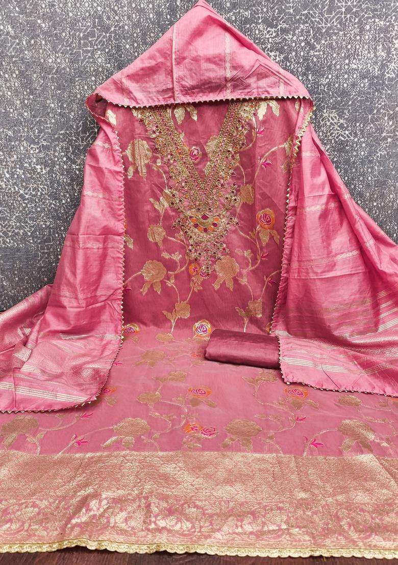 Pink Embroidery Jacquard Salwar Kameez - Indya