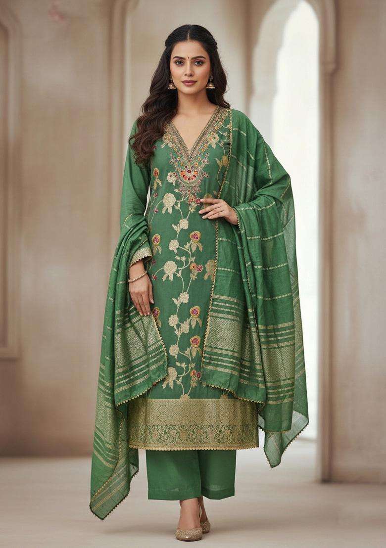 Sea Green Embroidery Jacquard Salwar Kameez - Indya