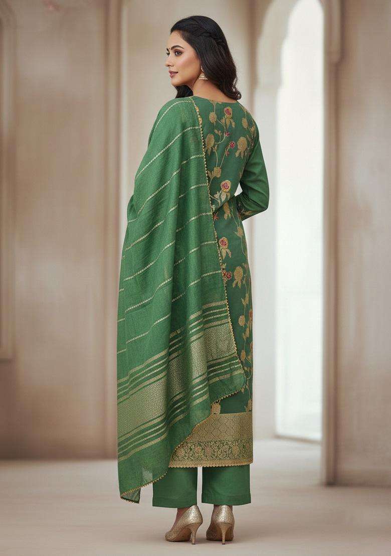 Sea Green Embroidery Jacquard Salwar Kameez - Indya