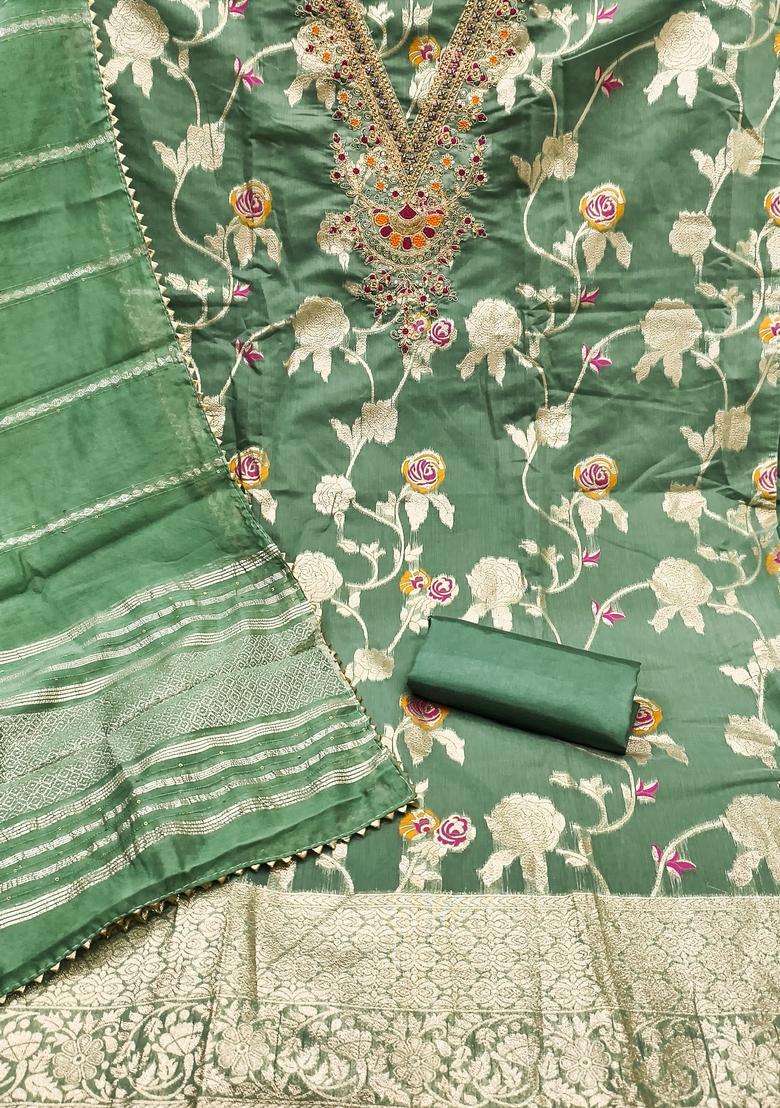 Sea Green Embroidery Jacquard Salwar Kameez - Indya