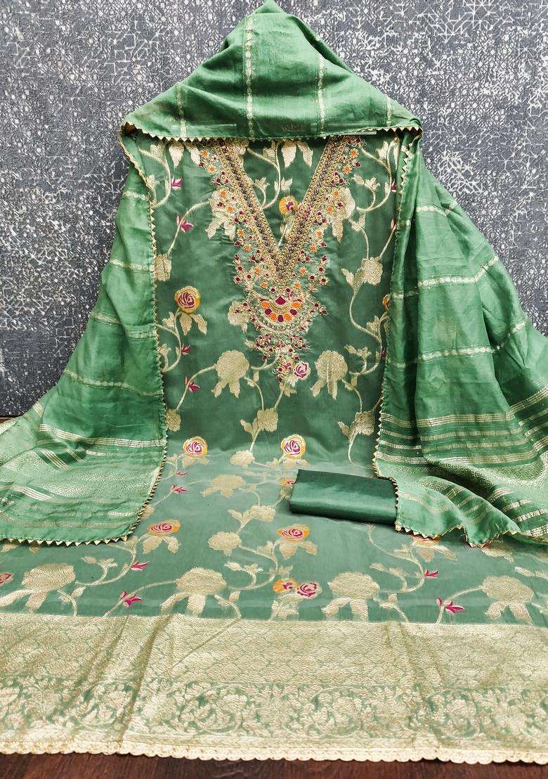Sea Green Embroidery Jacquard Salwar Kameez - Indya