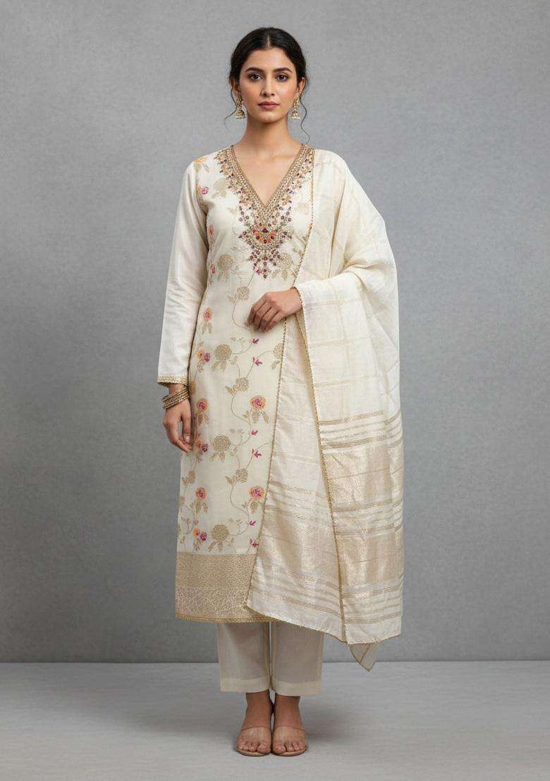 White Embroidery Jacquard Salwar Kameez - Indya