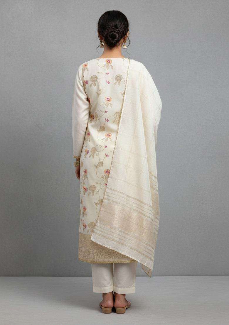 White Embroidery Jacquard Salwar Kameez - Indya