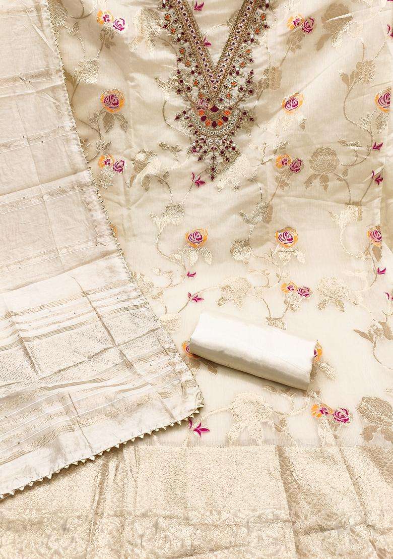 White Embroidery Jacquard Salwar Kameez - Indya
