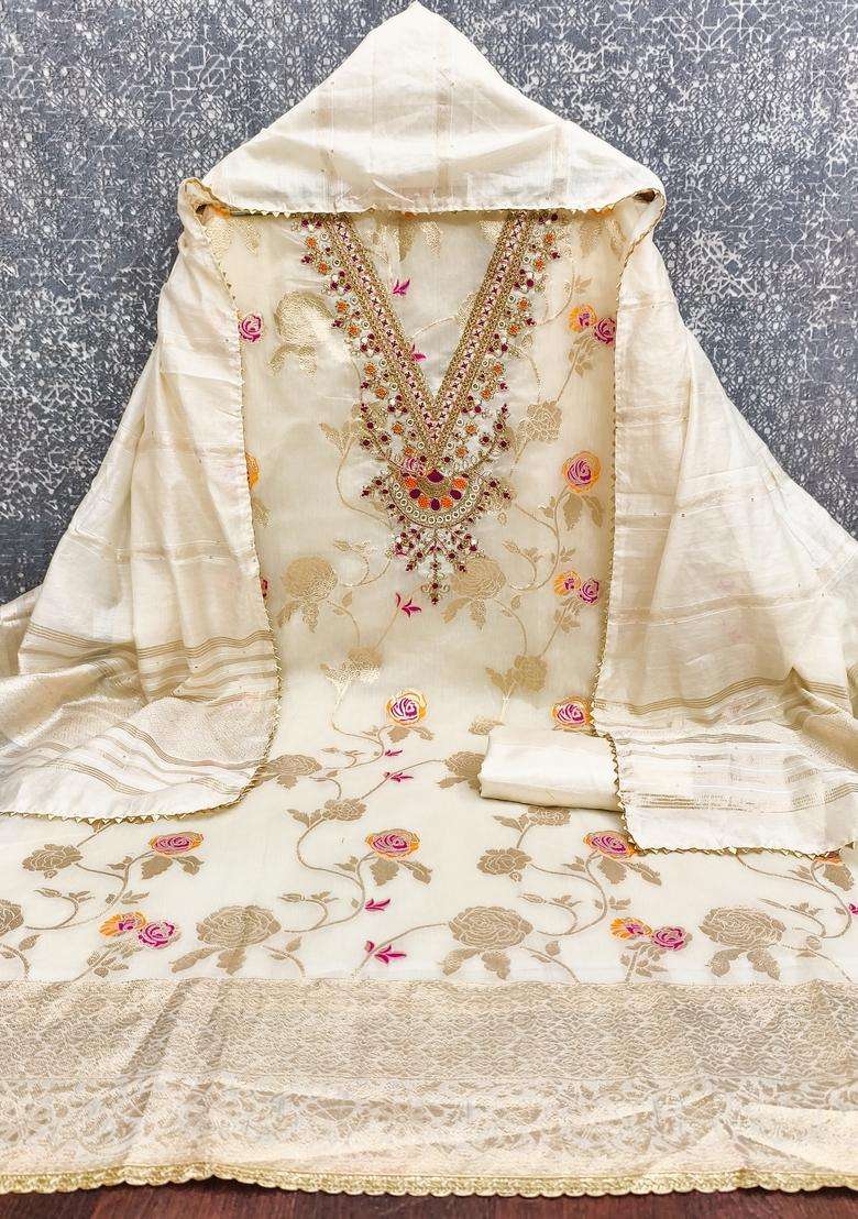 White Embroidery Jacquard Salwar Kameez - Indya