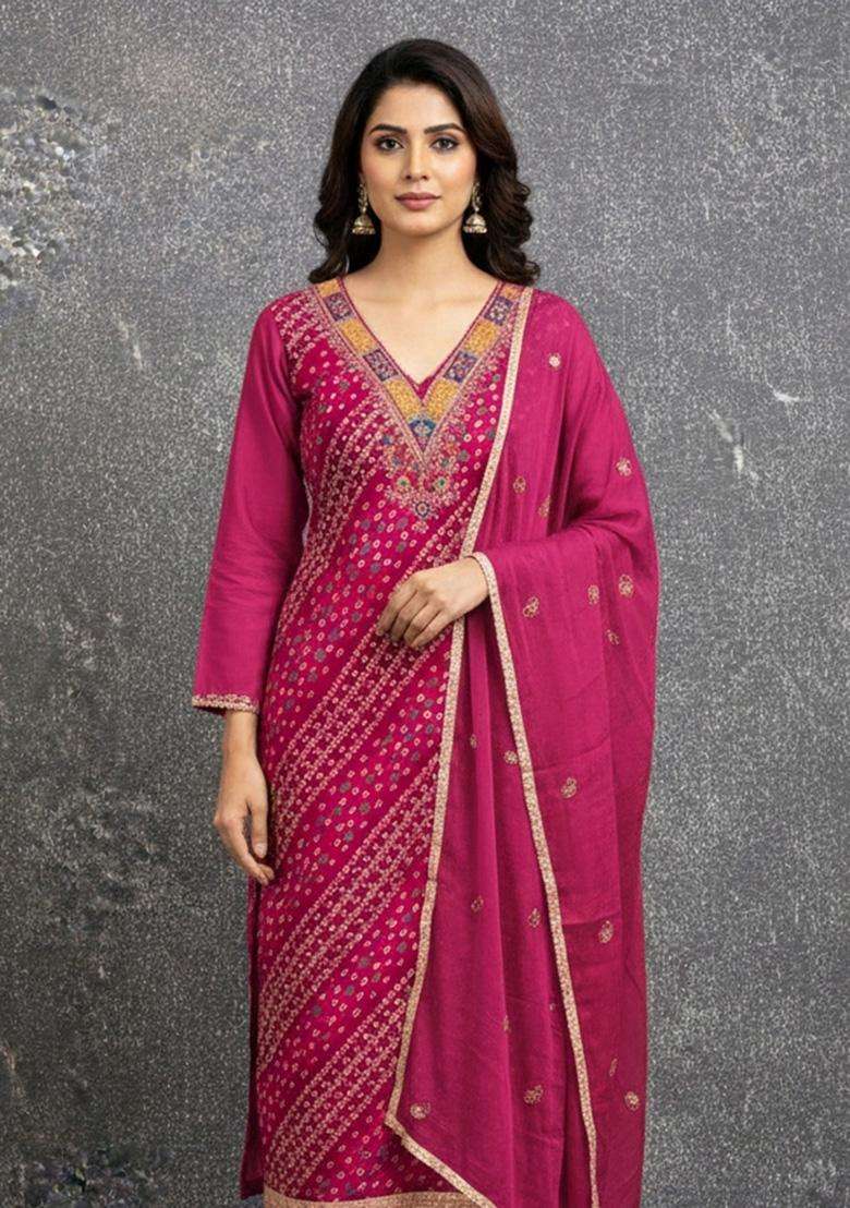 Pink Embroidery Rayon Salwar Kameez - Indya