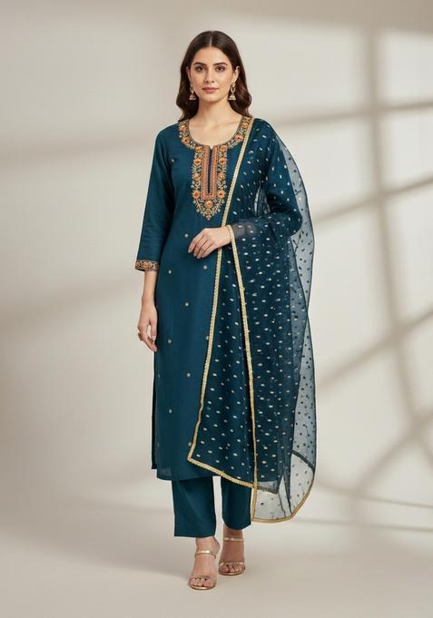 Blue Embroidery Chanderi Salwar Kameez