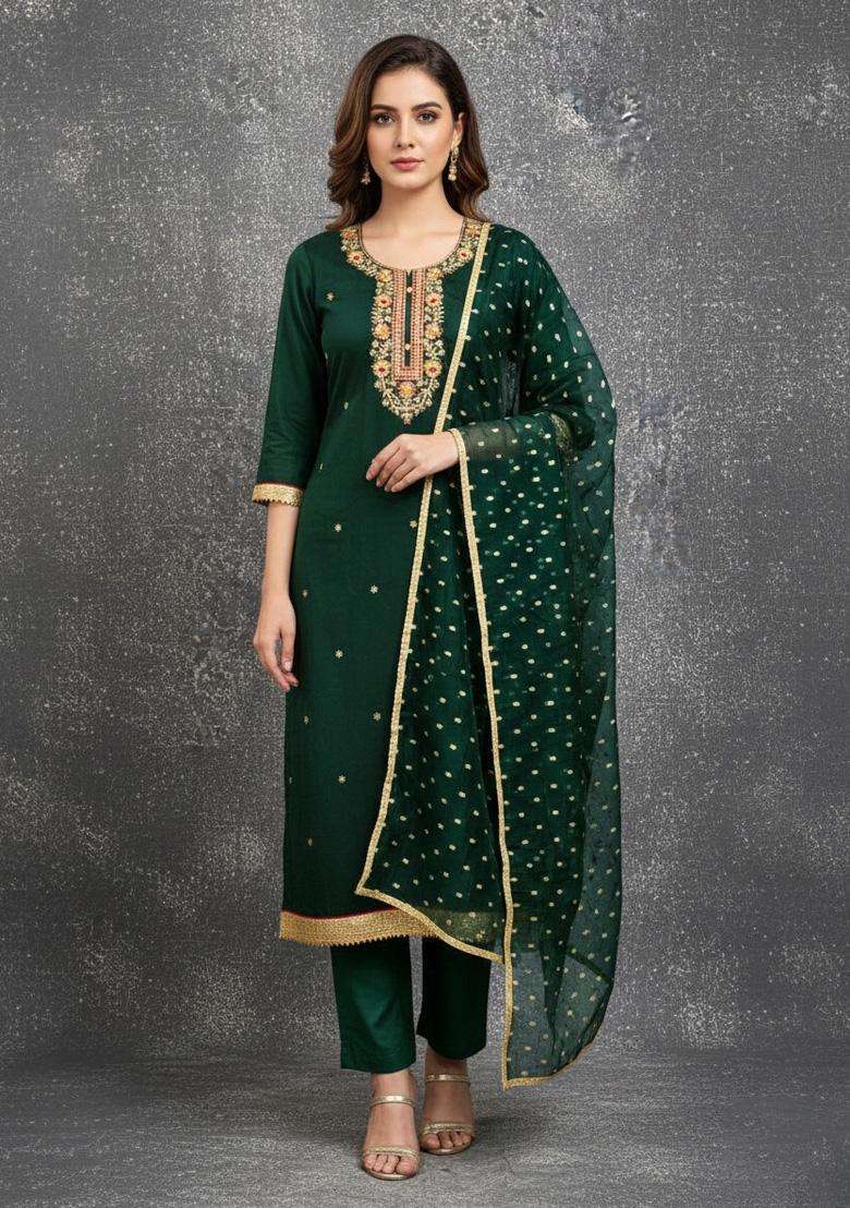 Green Embroidery Chanderi Salwar Kameez - Indya