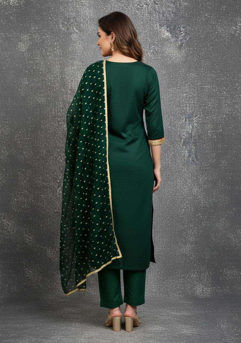 Green Embroidery Chanderi Salwar Kameez - Indya