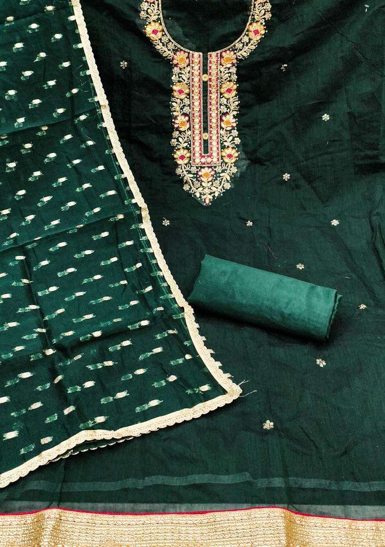 Green Embroidery Chanderi Salwar Kameez - Indya